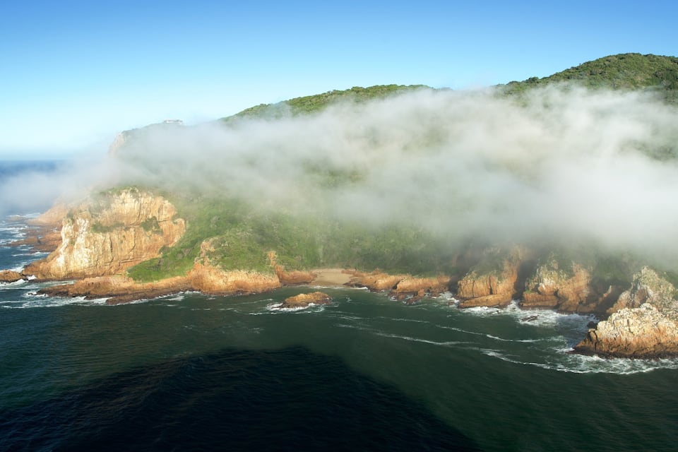 A coastal cliff with waves crashing against it, surrounded by mist and greenery.