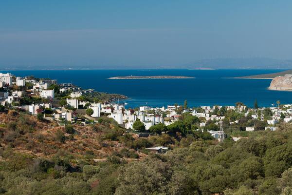 A panoramic summer view of Kucukbuk bay. Beautiful holiday resort on the Bodrum peninsula. Mugla province, Turkey country