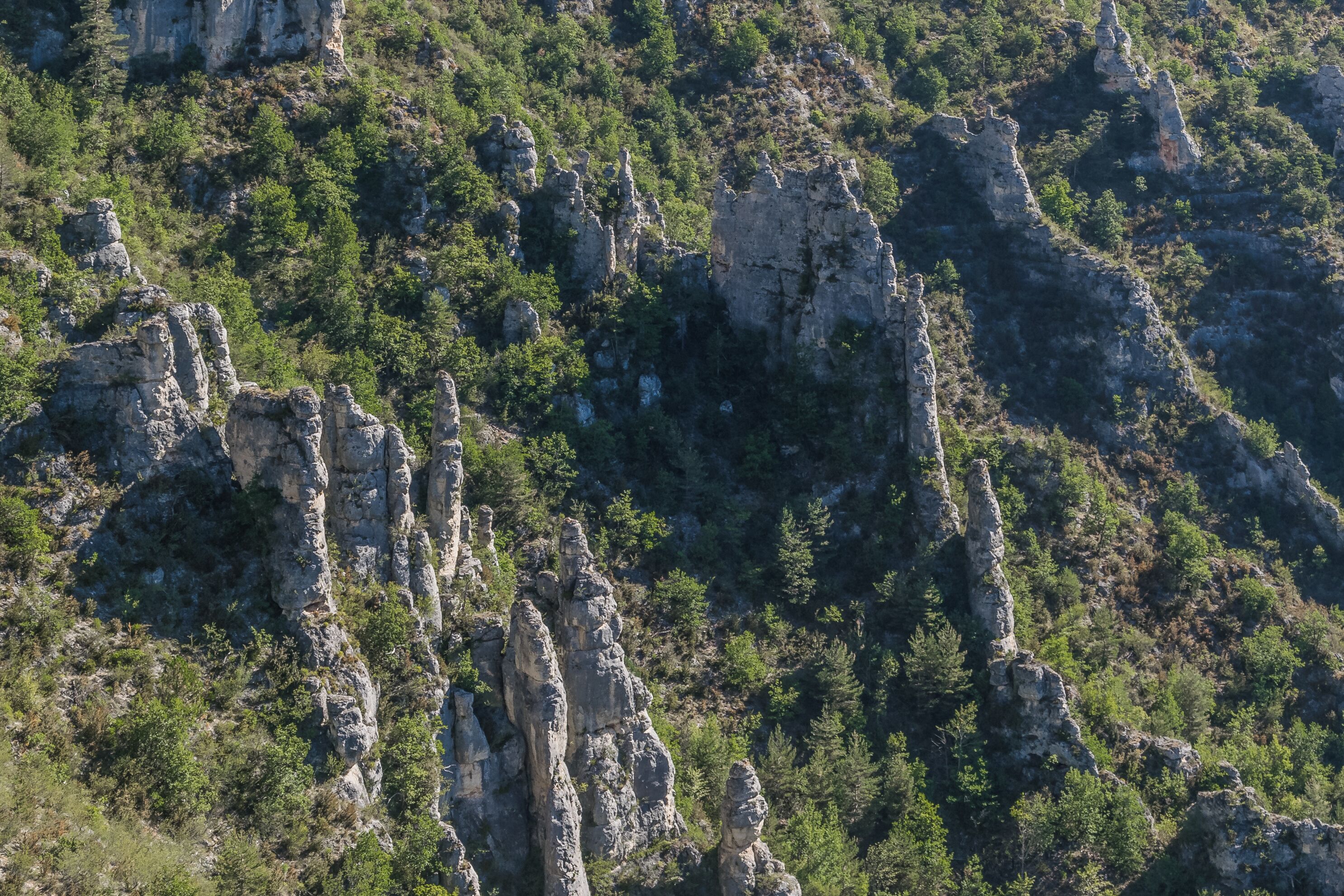 A rugged mountainous landscape with prominent rock formations and dense green vegetation.
