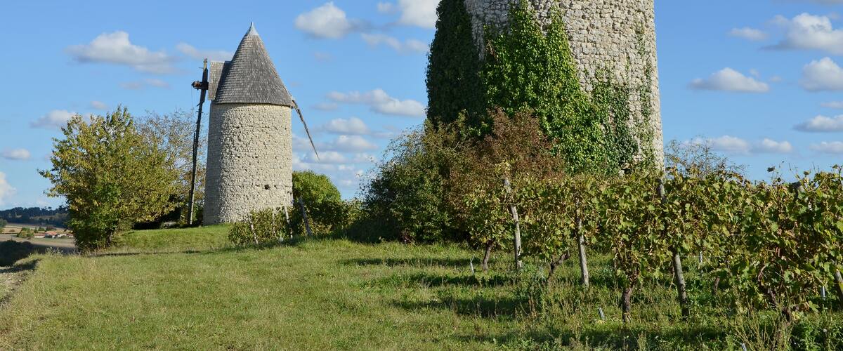 The windmills of La Paille (18th century), near road D 46, Bessac, Charente, France.