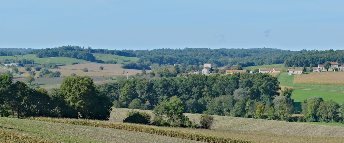 East panorama of the village of Courgeac, Charente, France.