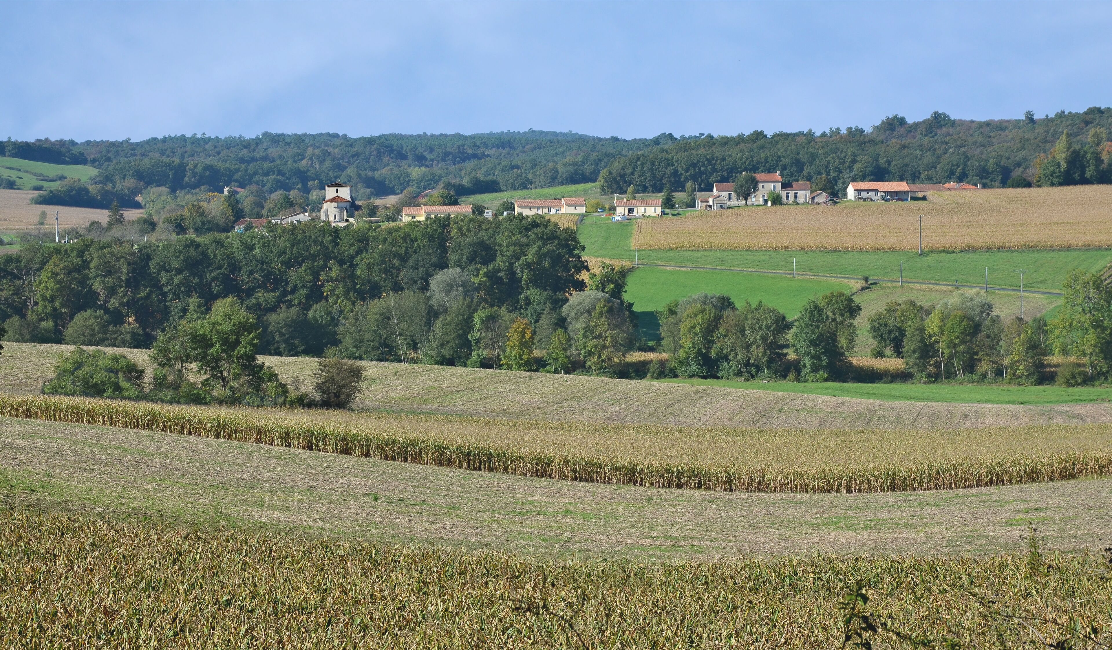 View of the village, as seen from East, on the road D 24. Courgeac, Charente, France.