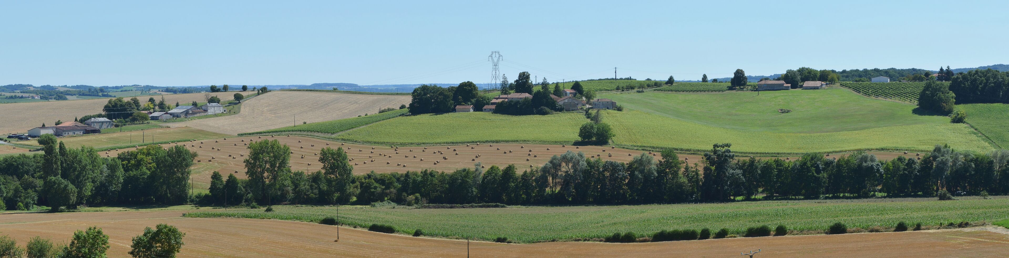Landscape with hills and trees along the small streamcourse of Rivallis, Vaux-Lavalette, Charente, France.
