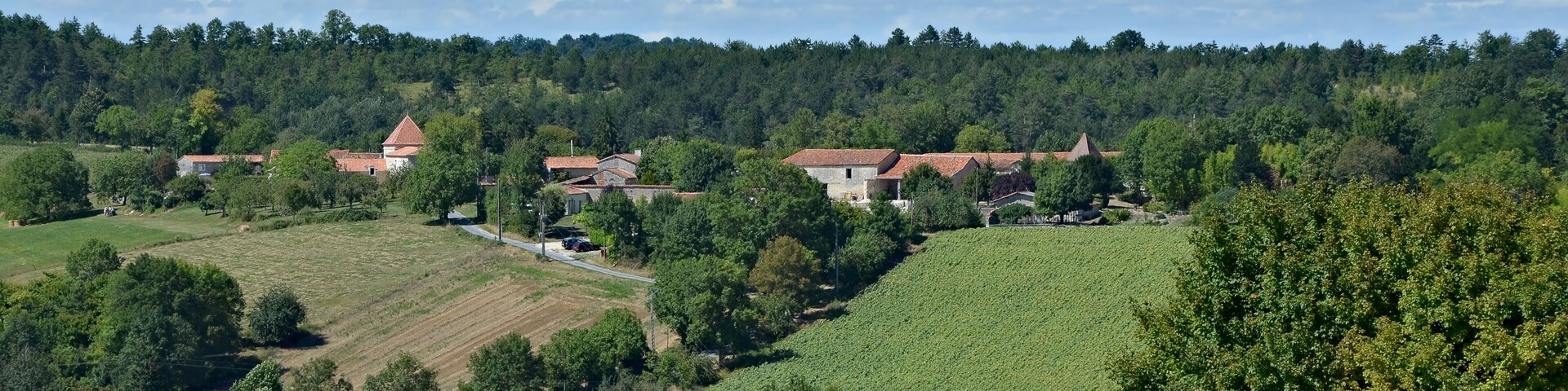 Country landscape with a farmstead, as seen from road D 143, Vaux-Lavalette, Charente, France.