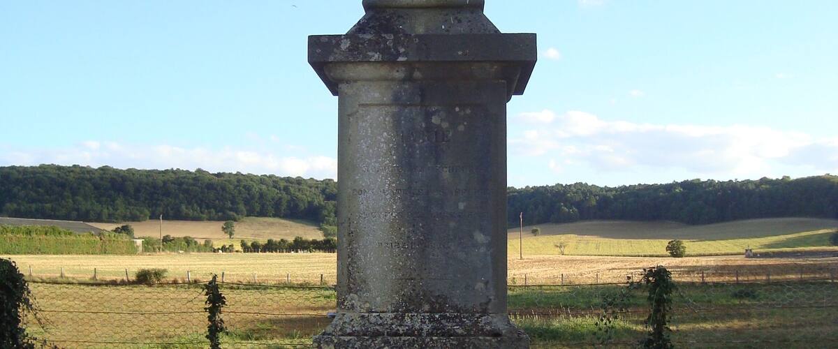 A statue on a pedestal with a rural landscape in the background.