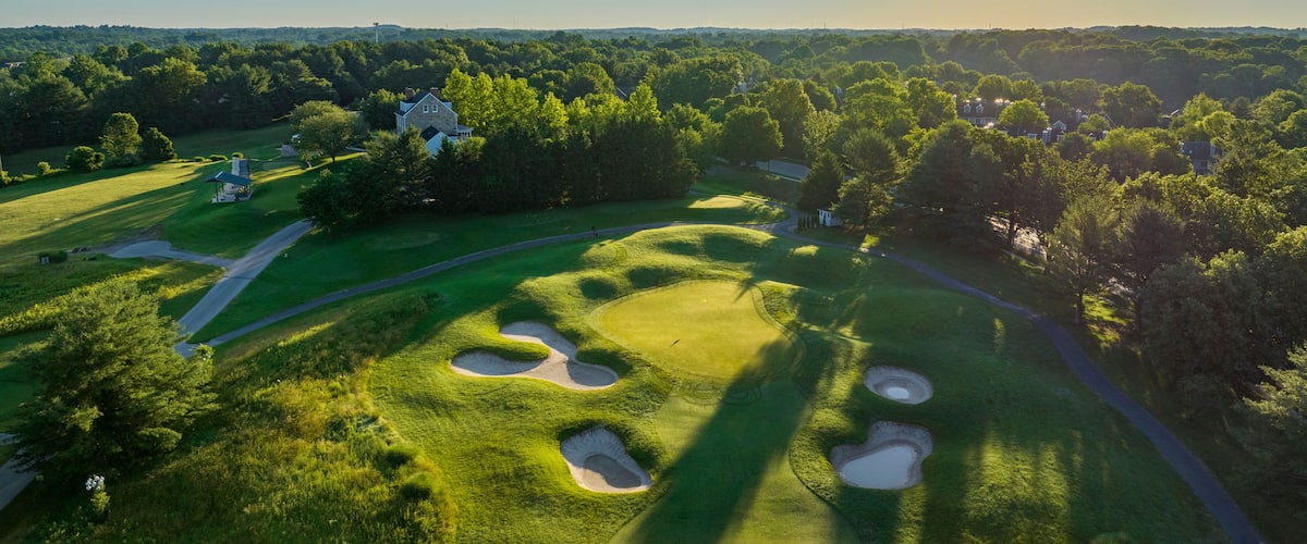 Aerial view of natural green fairway at Fairway Hills Golf Course, Columbia, Maryland, United States.