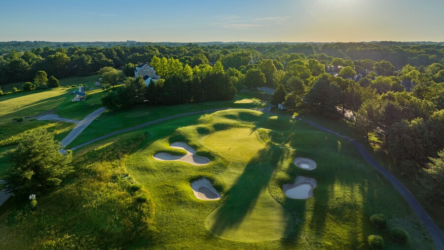 Aerial view of natural green fairway at Fairway Hills Golf Course, Columbia, Maryland, United States.