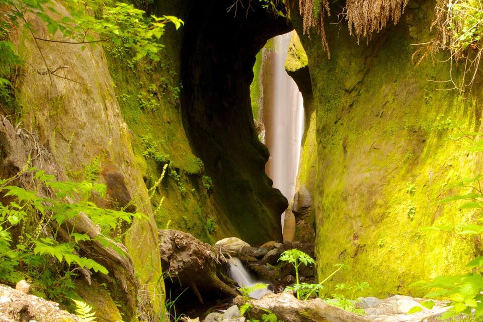 Une formation rocheuse recouverte de mousse, dotée d’un étroit passage et d’une petite cascade.