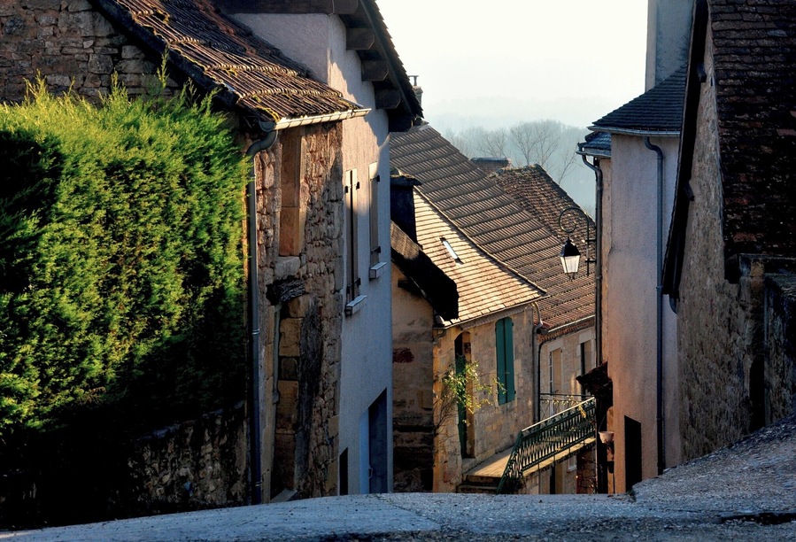 A narrow street with stone buildings, a green hedge, and a staircase.