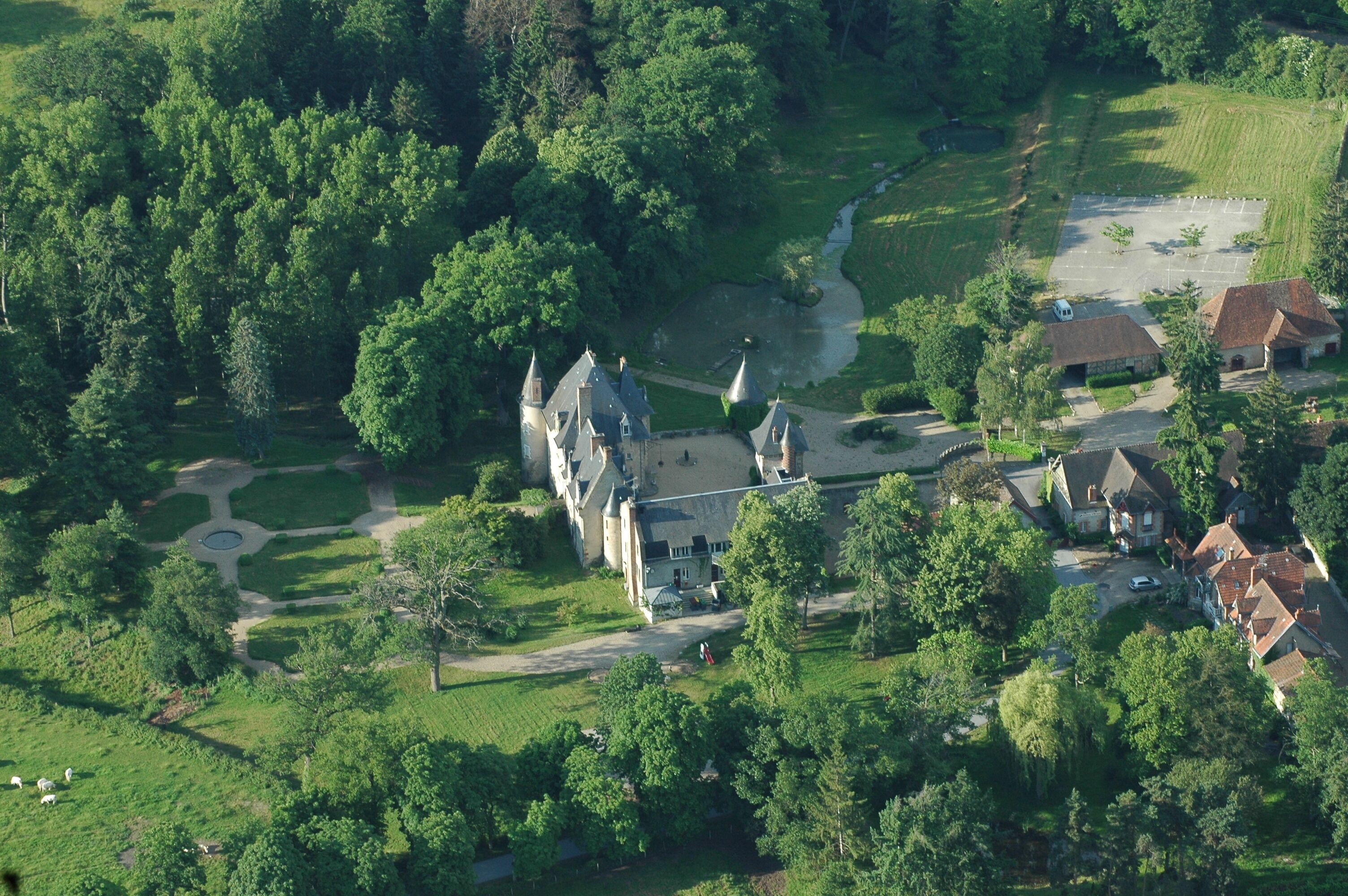 An aerial view of a castle surrounded by lush greenery and a river.