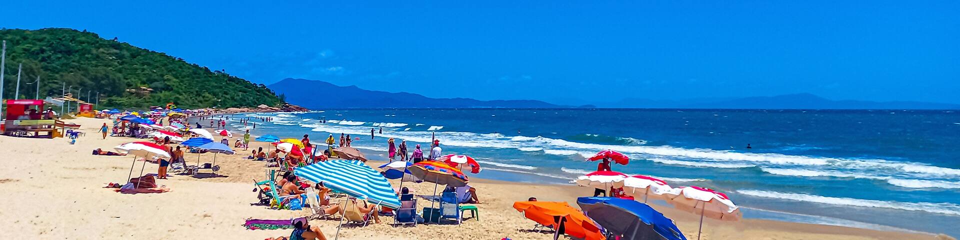 beach chairs and umbrellas and sun and crowded beach at Lagoinha do Norte beach in Florianópolis, Santa Catarina, Brazil, floranopolis