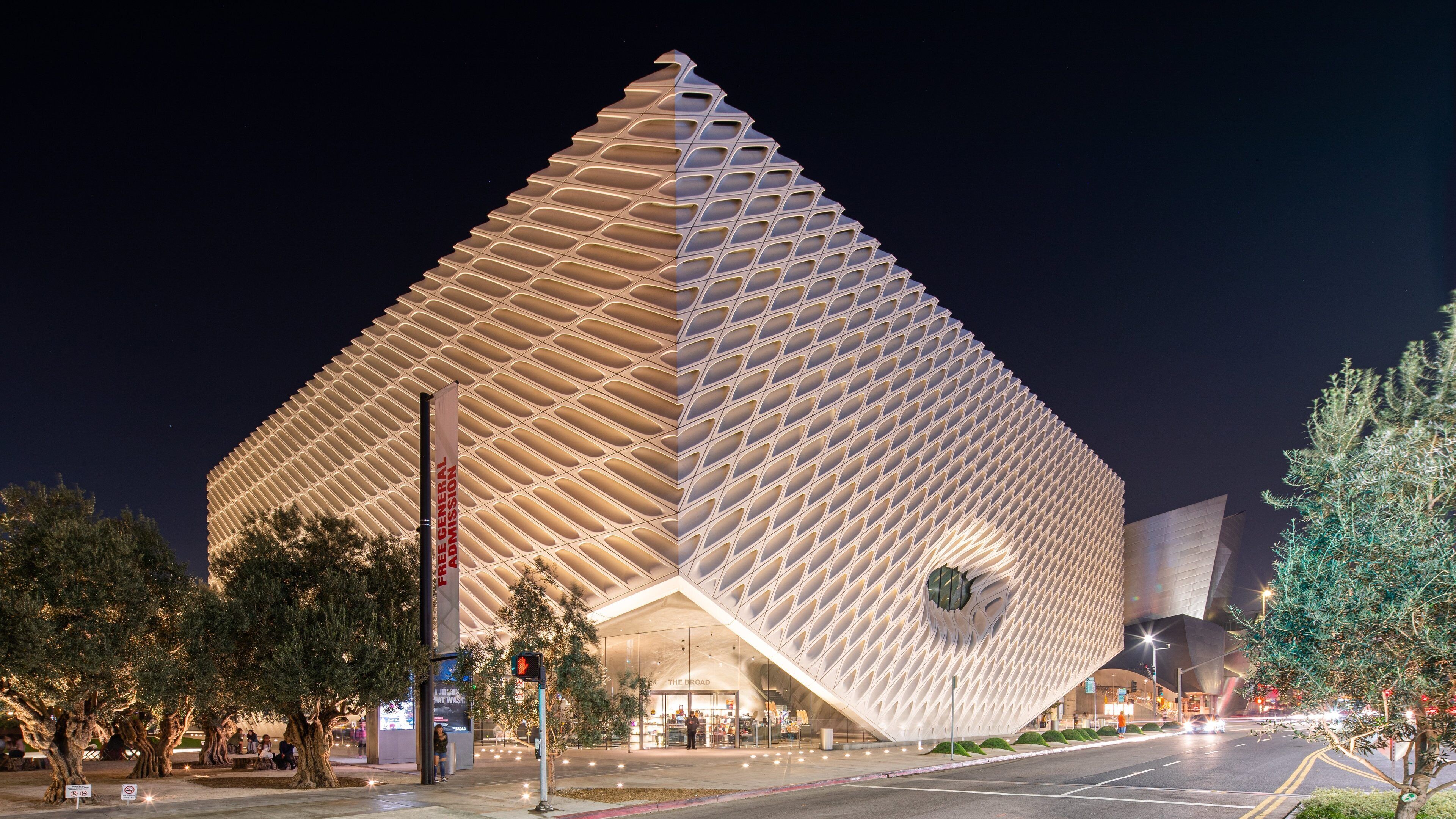 A modern architectural building with a distinctive geometric facade.