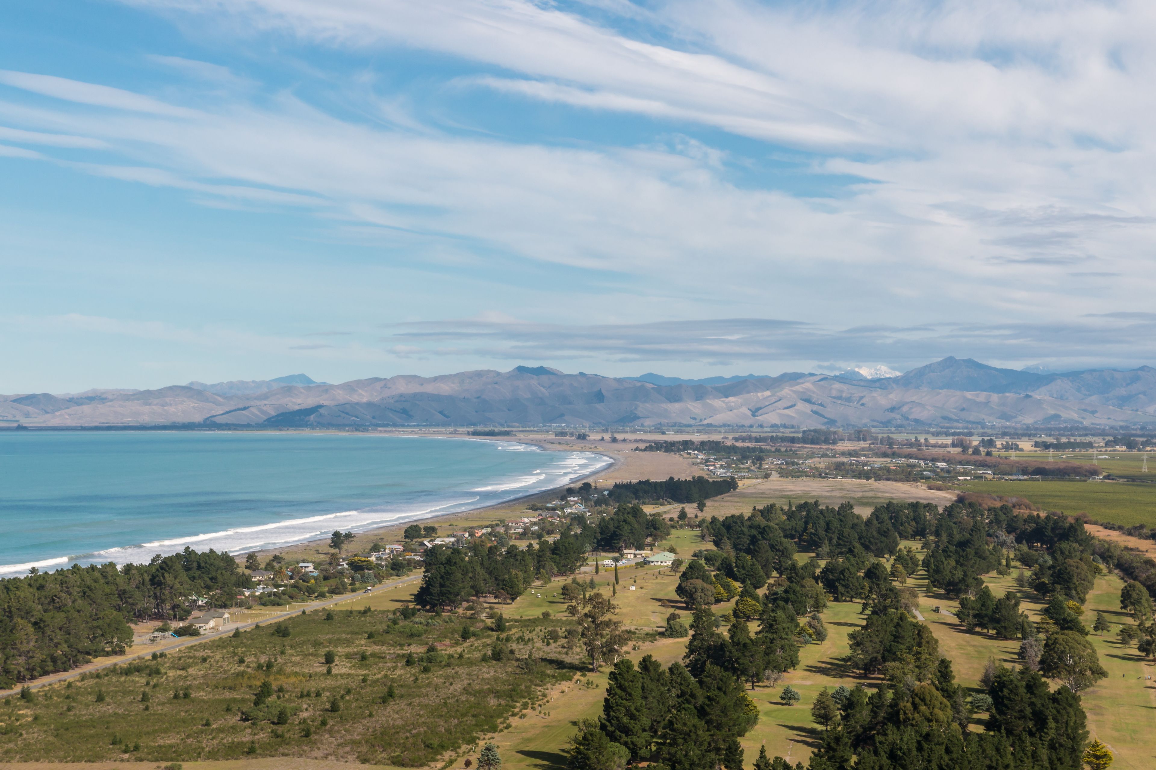 aerial view of Cloudy Bay with Rarangi beach in New Zealand
