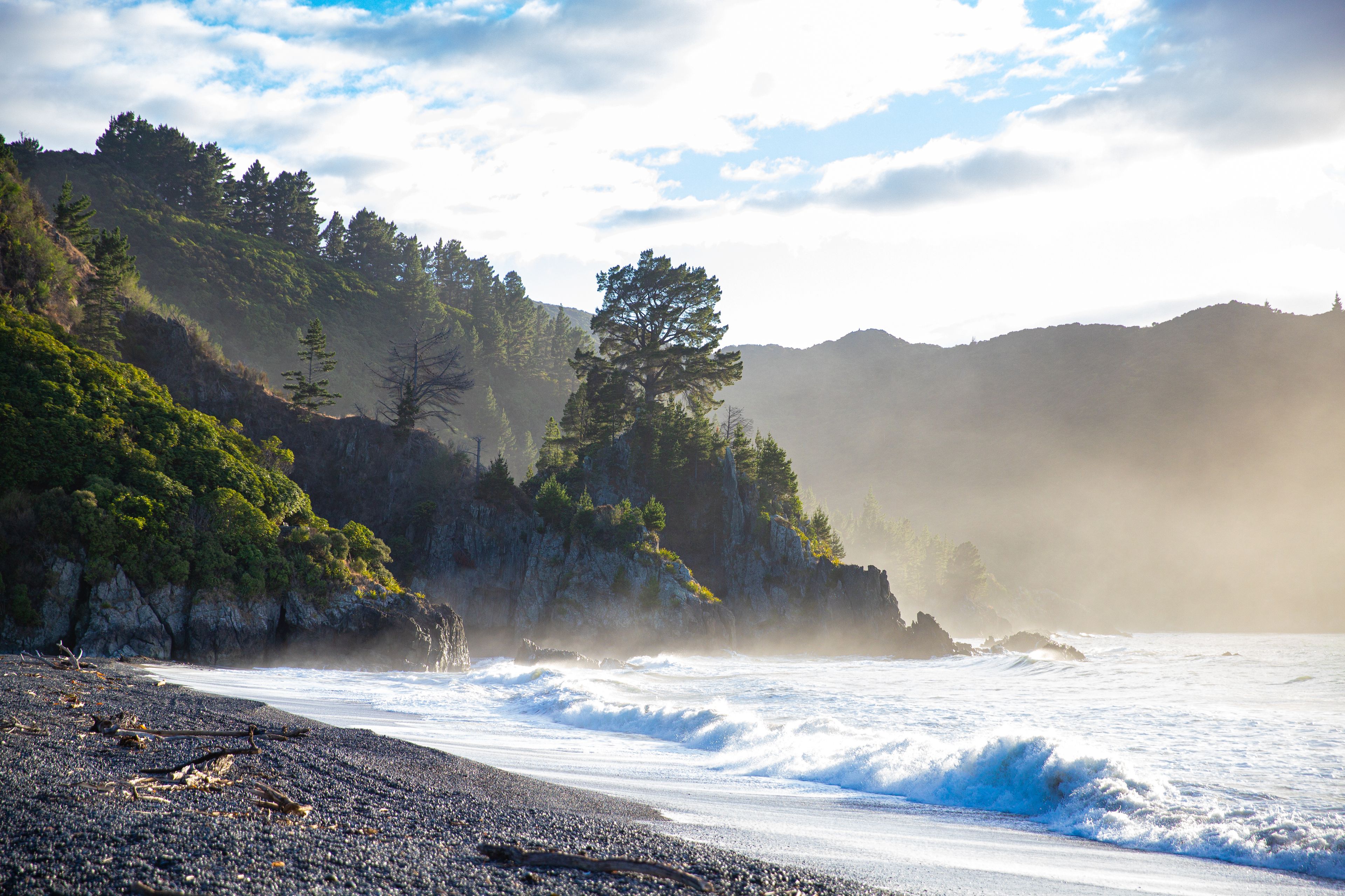 panorama of rarangi beach, new zealand south island, marlborough region
