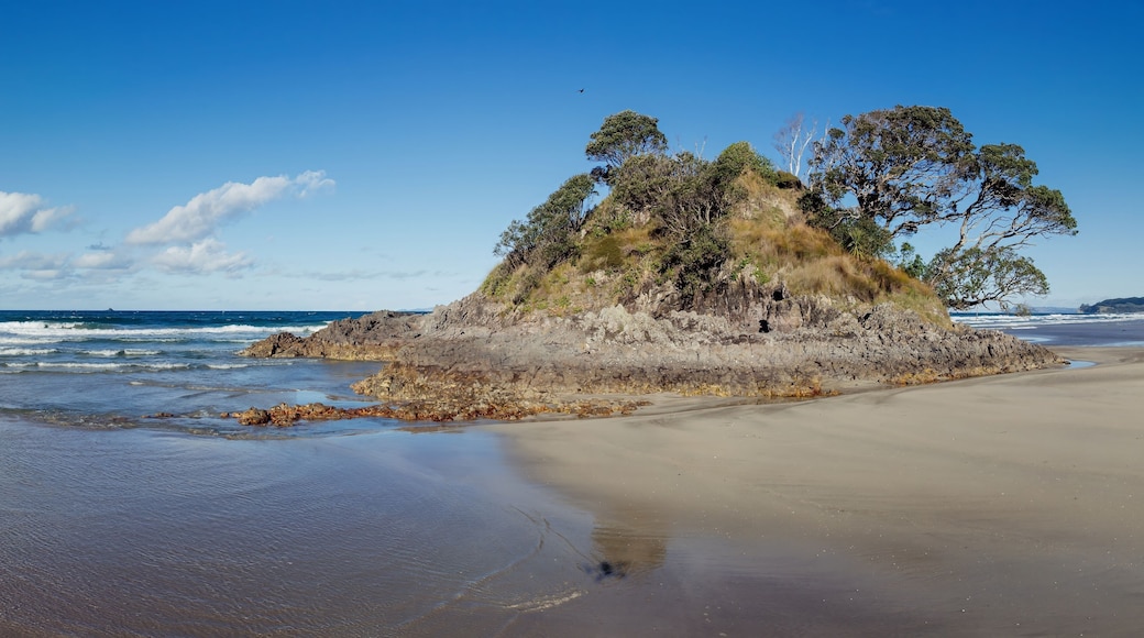 Rocky island on the shoreline beach of Opoutere, Whangamata, Coromandel Peninsula, New Zealand.
