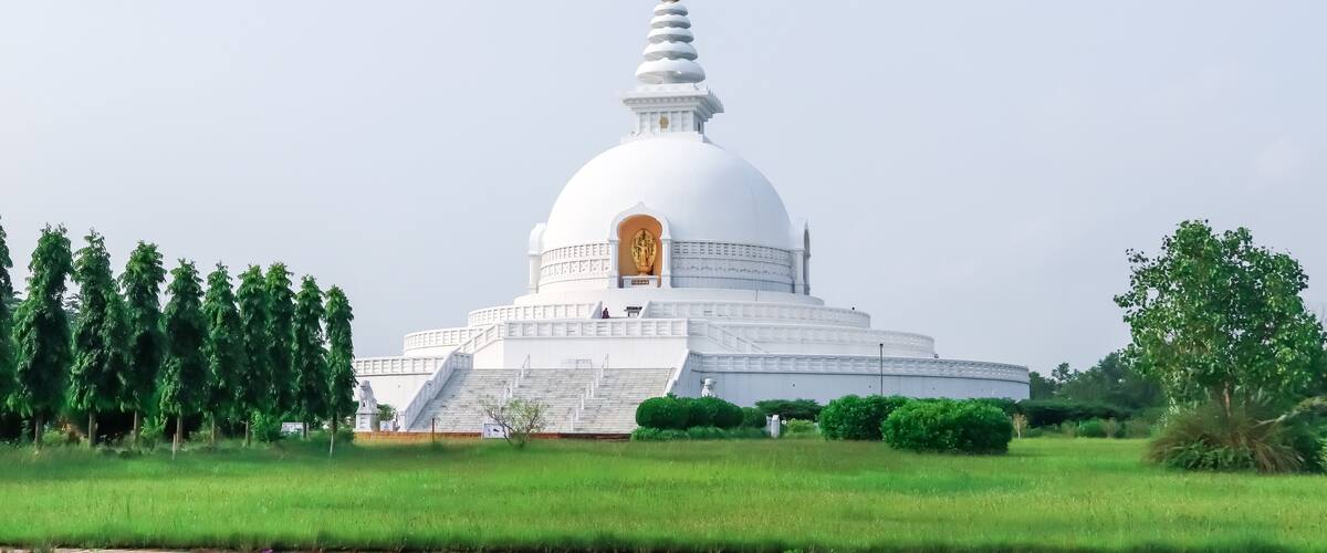 A white stupa with a golden spire, surrounded by green trees and grass.