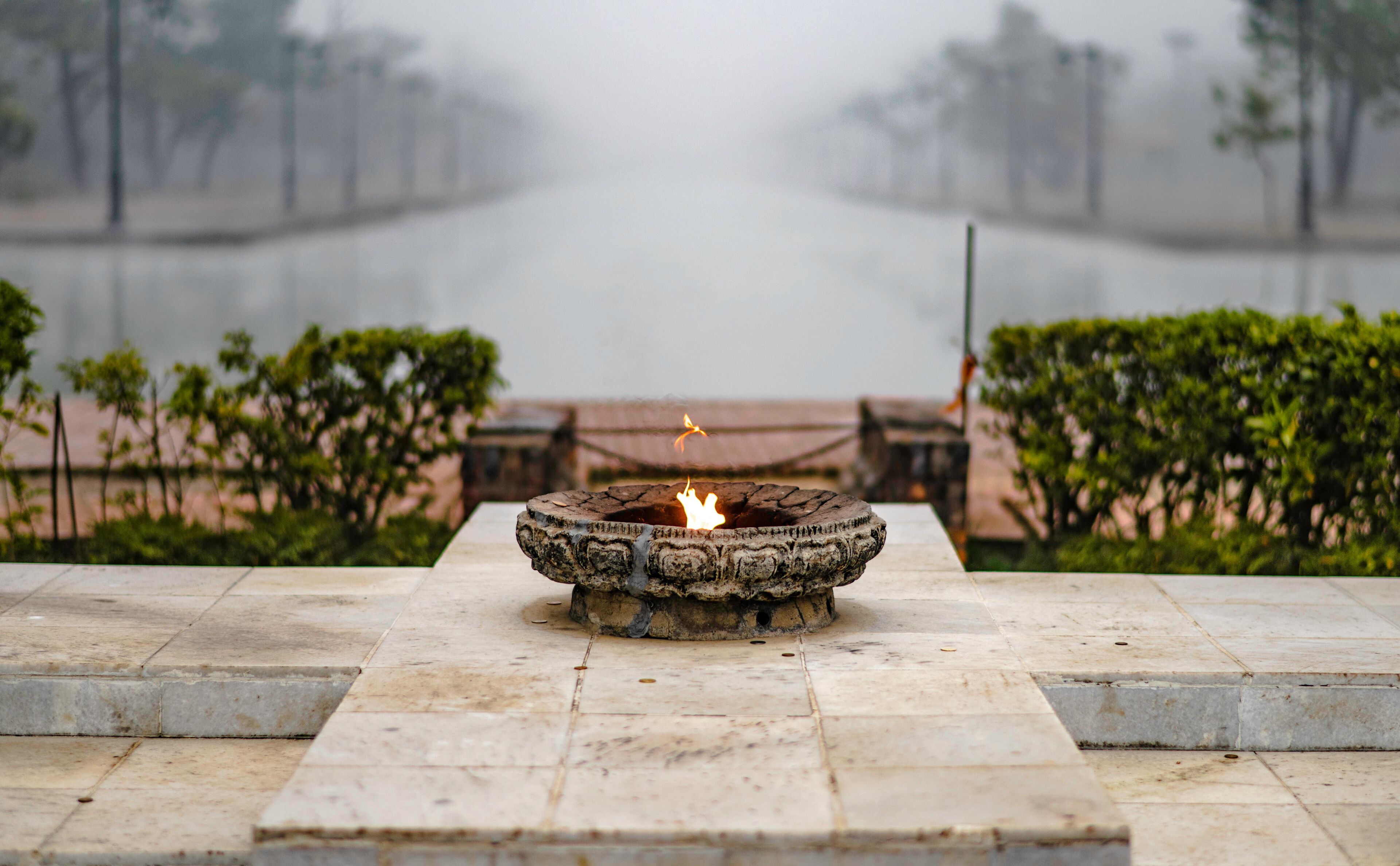 A censer of peace in front of the entrance to Lumbini Park, the birthplace of Lord Buddha, Nepal