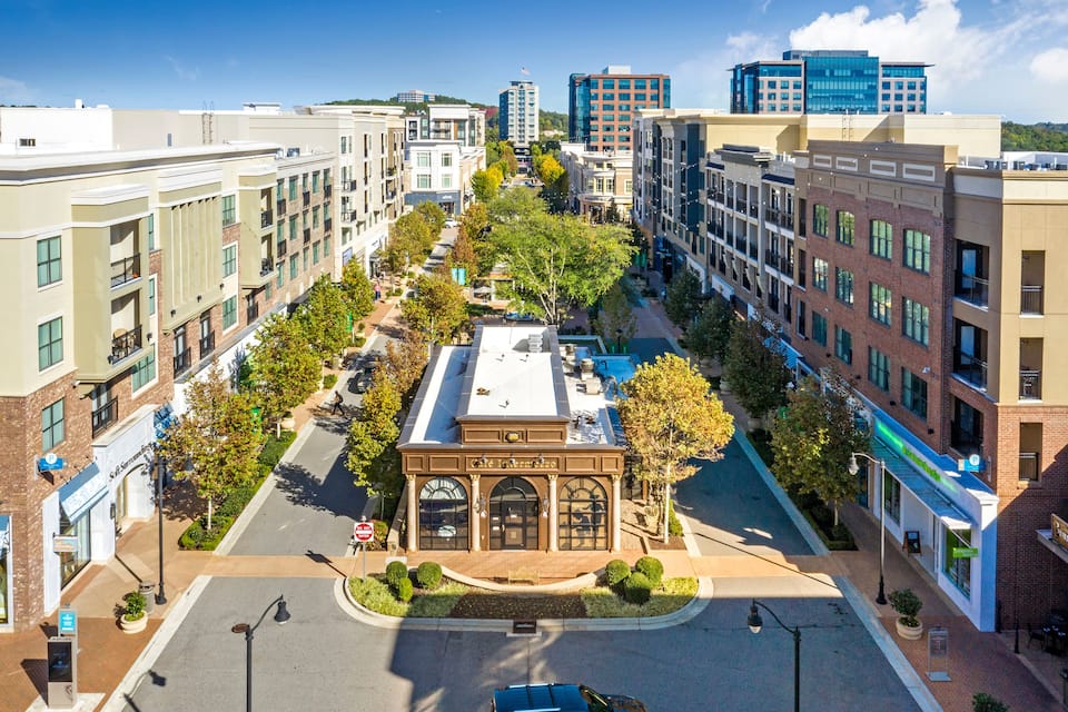 Aerial view of tree-lined pedestrian street in Avalon, Alpharetta, Georgia
