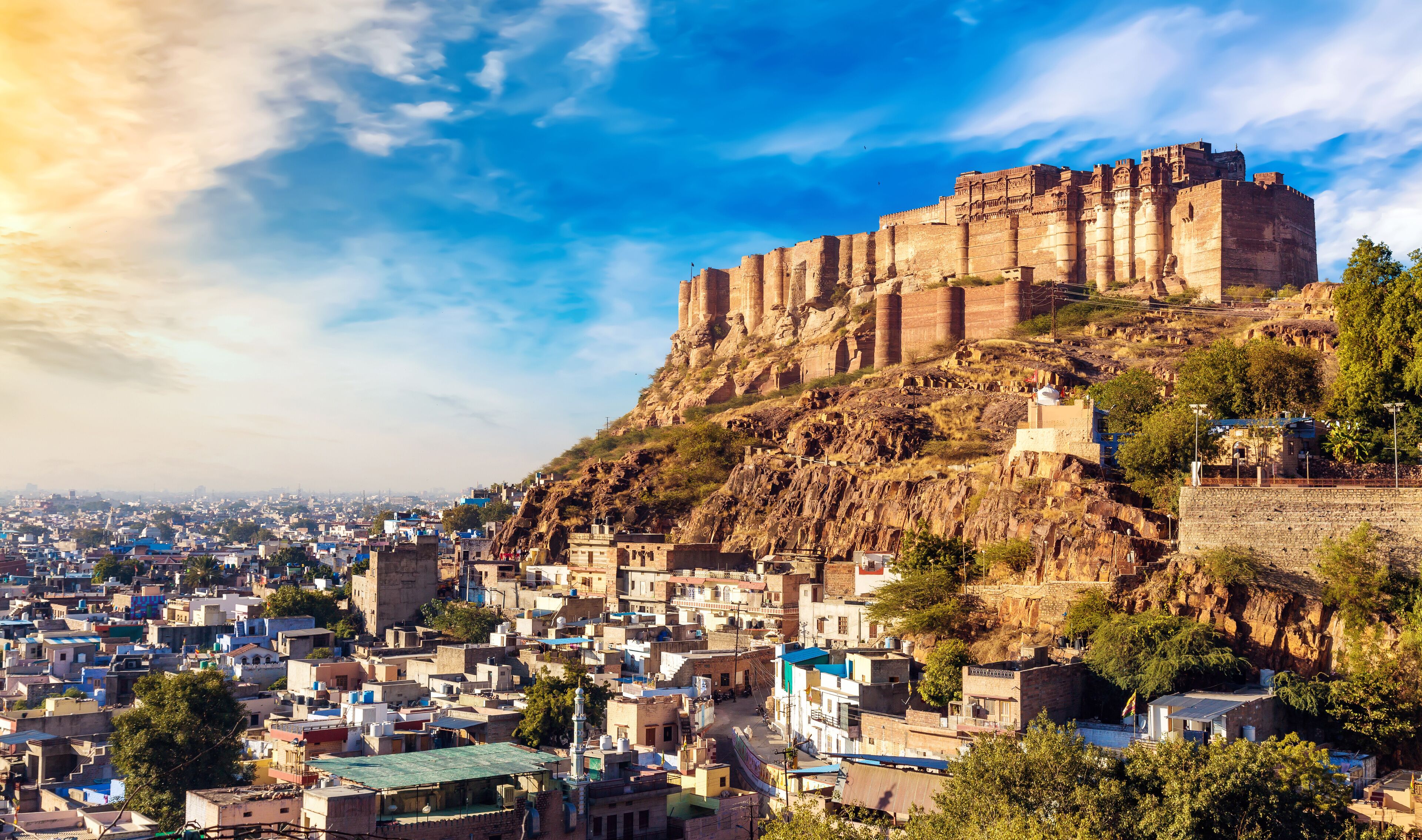 Mehrangarh Fort with view of the blue city of Jodhpur, Rajasthan India.