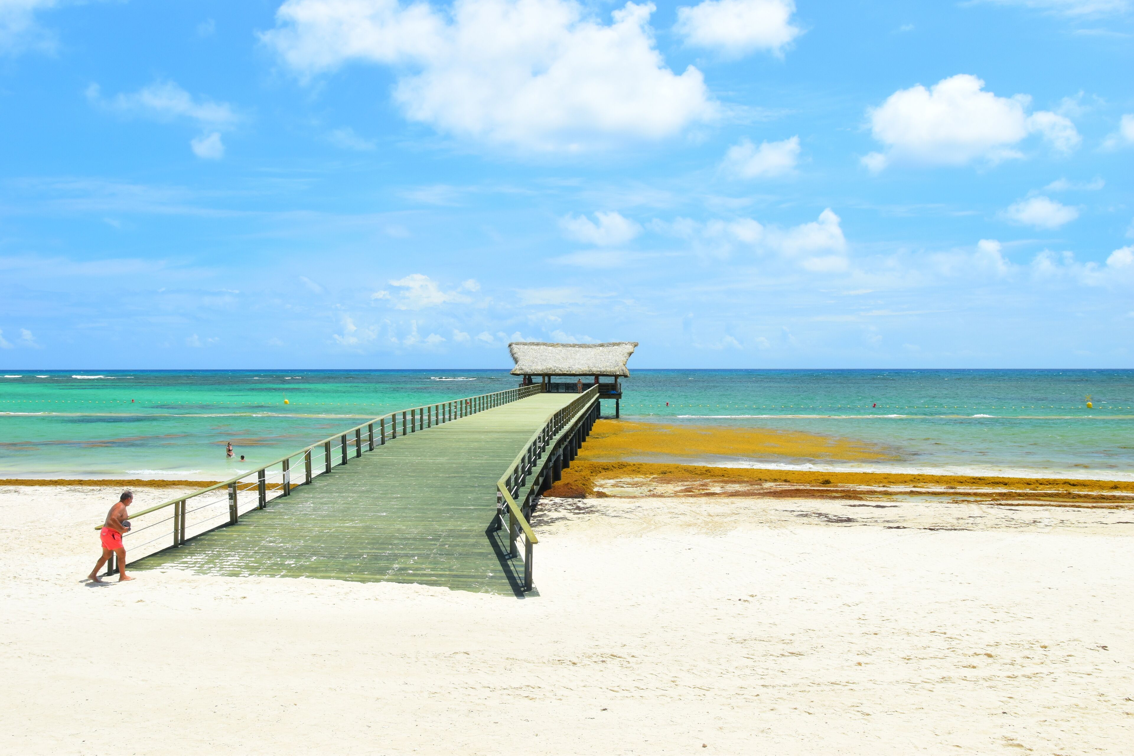 El Cortecito, Punta Cana, Dominican Republic- June 12, 2025: People walking along the coastline and sunbathing on one of the best beach in Caribbean area. Lots  of seaweed, specifically Sargassum.