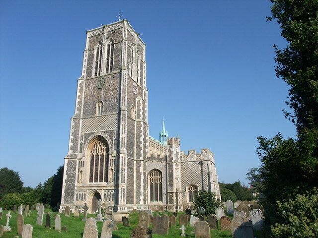 Church of St Edmund, Southwold Showing the impressive flintwork patterning of the west tower. The letters arching over the west window read (in Latin) "Saint Edmund pray for us".