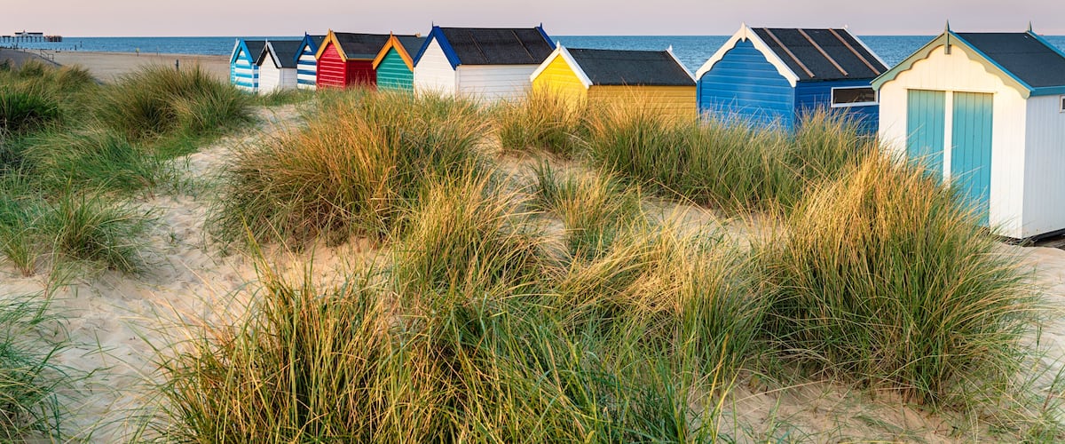 A row of colorful beach huts with a sandy beach and grassy dunes in the foreground.