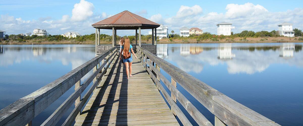 Girl with backpack hiking on her vacation. Friends walking on the pier, houses in the background, North Topsail Beach, North Carolina.; Shutterstock ID 430564006