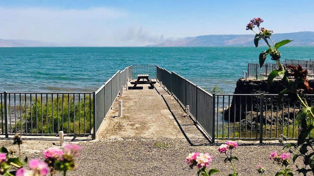 This is a view from St. Peterâs Monument. On the horizon is the Sea of Galilee. Such a beautiful scenery.