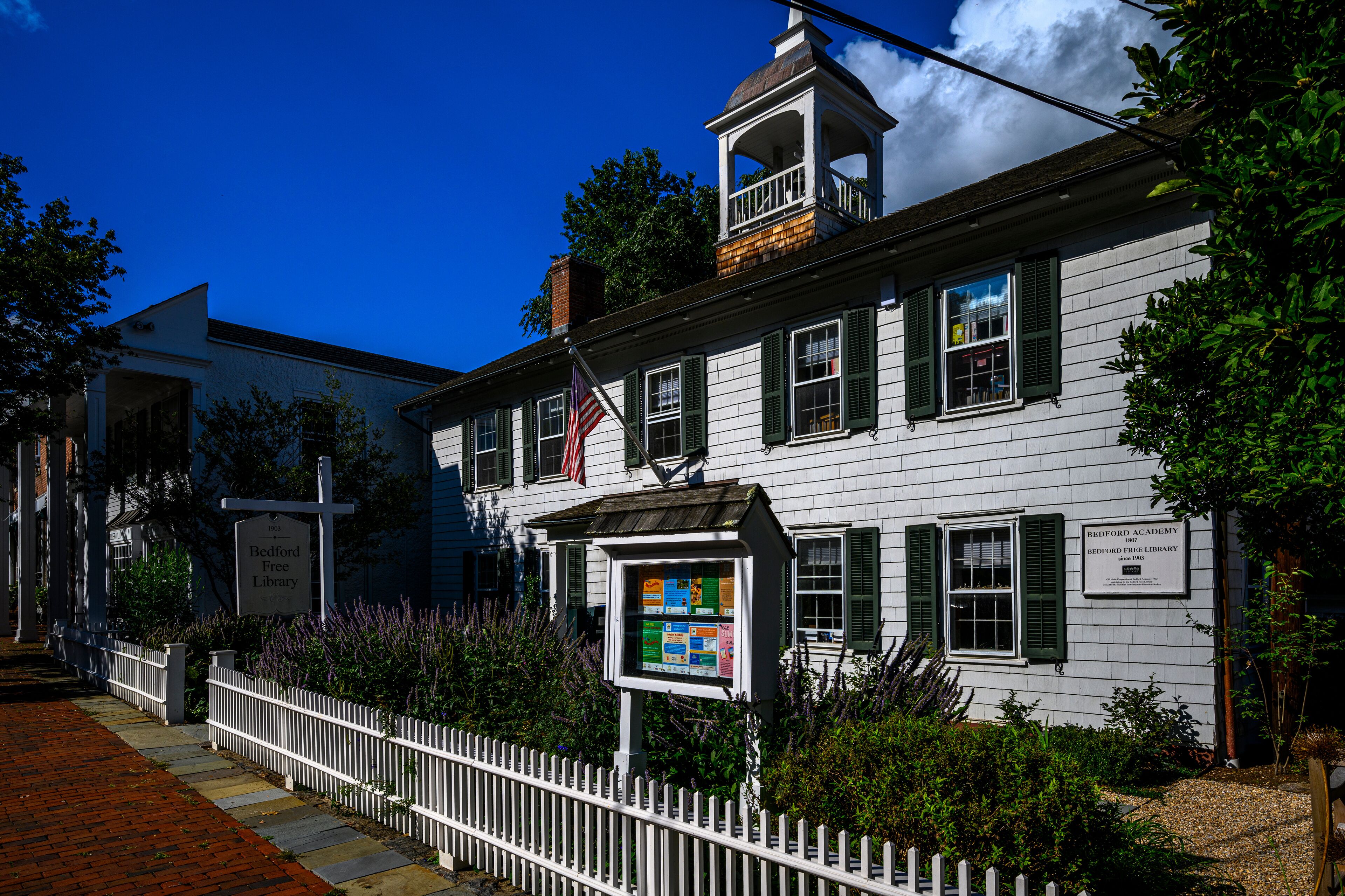 Old Post Road in Bedford Village Historic District on a sunny summer day; Bedford, NY, USA