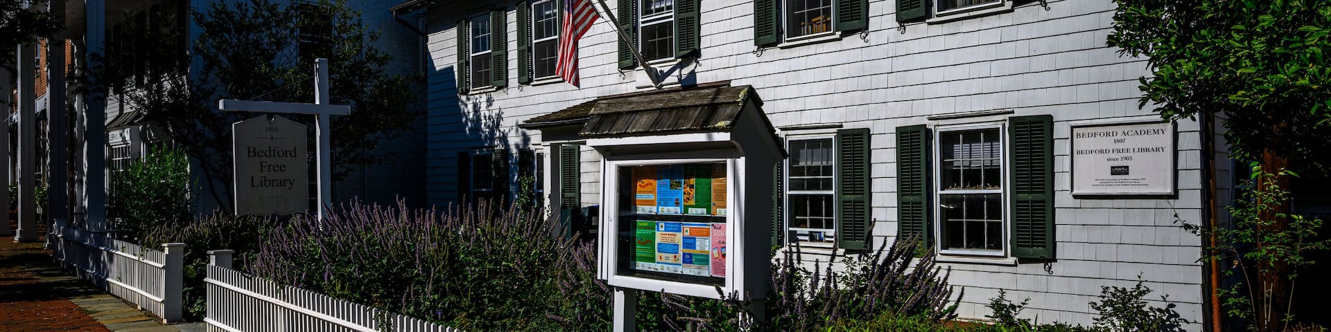 Old Post Road in Bedford Village Historic District on a sunny summer day; Bedford, NY, USA