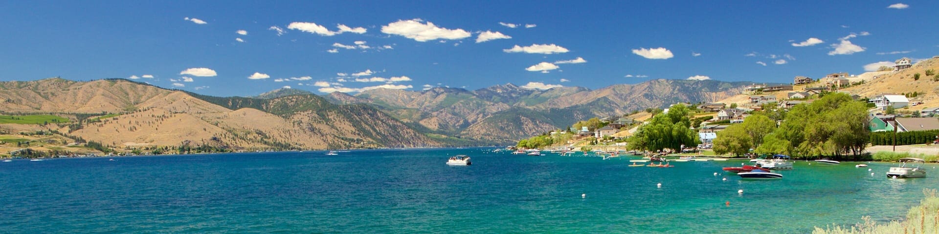 Lake Chelan featuring mountains, a coastal town and general coastal views