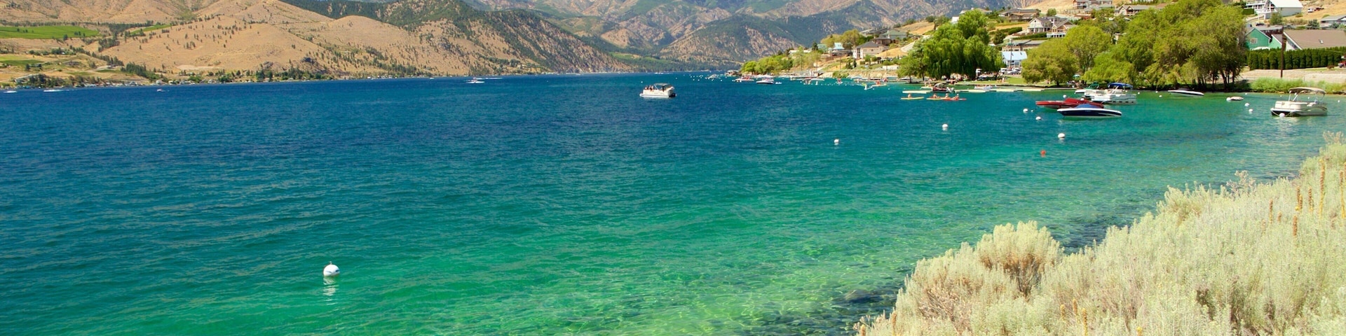 Lake Chelan showing landscape views, mountains and a coastal town