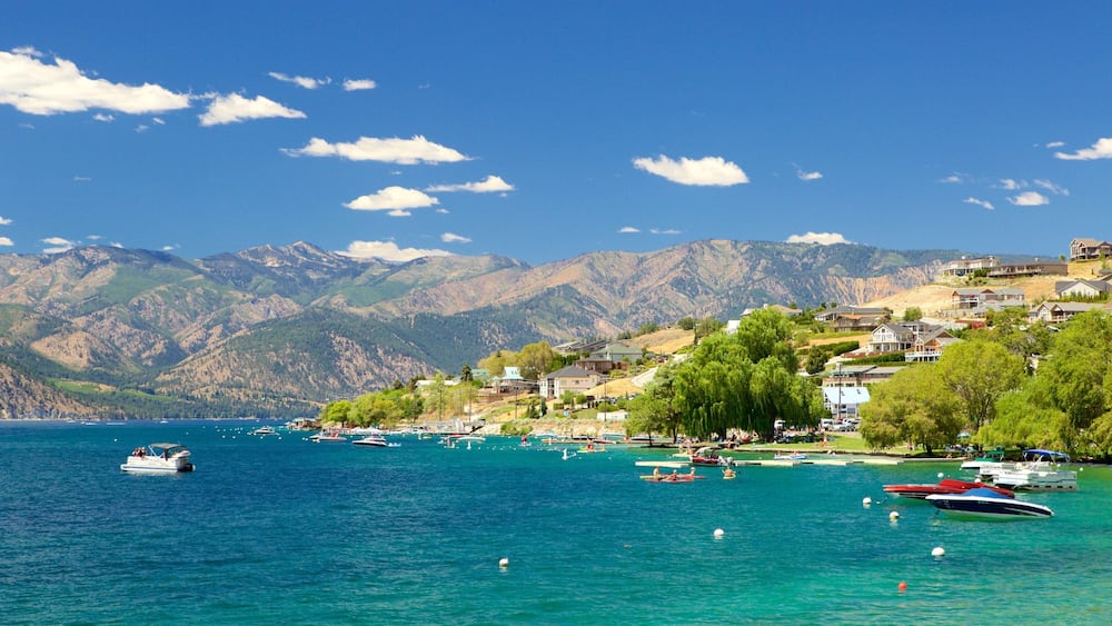 A coastal town with boats on the water, mountains in the background, and houses on the hillside.