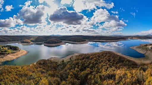 Omerli Dam is a dam in Istanbul, Turkey. Omerli Dam is located in Cekmekoy district. Aerial drone shot..