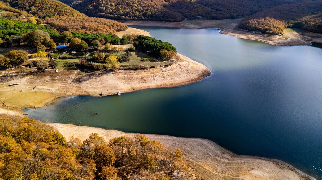 Omerli Dam is a dam in Istanbul, Turkey. Omerli Dam is located in Cekmekoy district. Aerial drone shot.