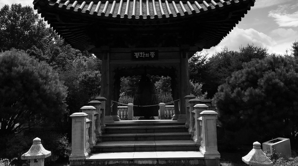 Beautiful public gardens with a Korean bell of peace.