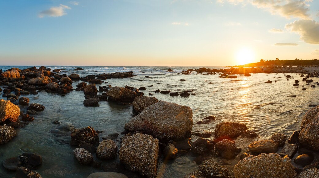 Summer coastline sunset panorama (Greece, Zakynthos, Alykes, Ion
