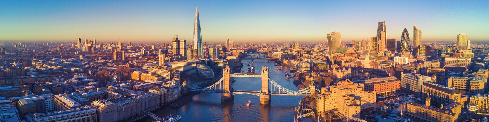 Aerial panoramic cityscape view of London and the River Thames, England, United Kingdom