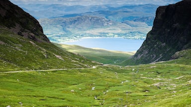 A valley with a lake, surrounded by mountains.