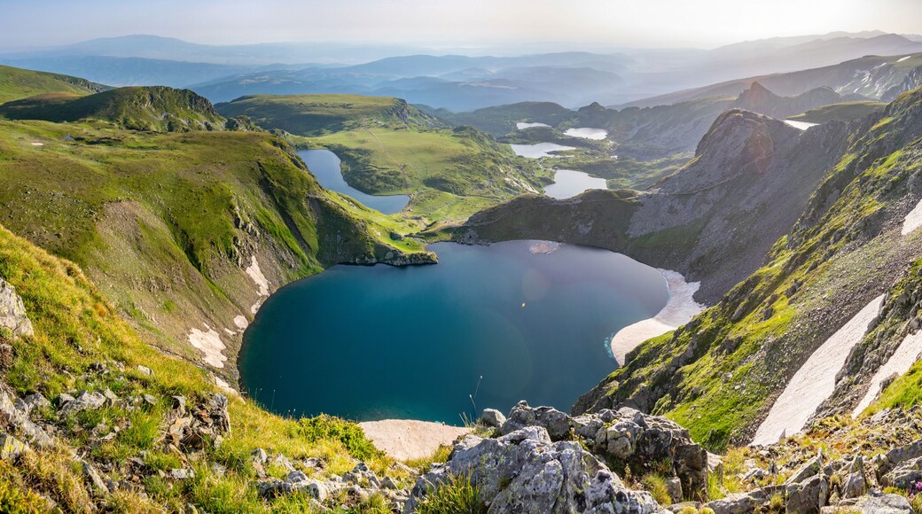 Sunrise aerial view of seven rila lakes in Bulgaria