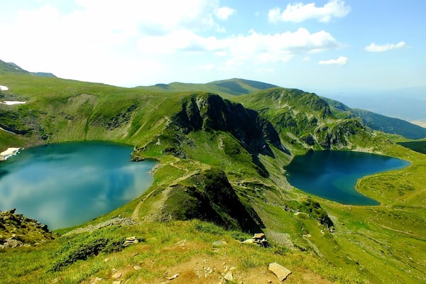 These are two of the Seven Rila Lakes. Their names are: the Eye (Окото) on the left and the Kidney on the right (Бъбрека)