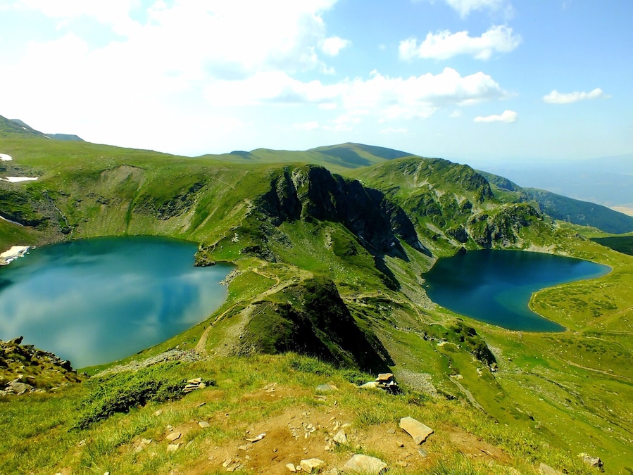 These are two of the Seven Rila Lakes. Their names are: the Eye (Окото) on the left and the Kidney on the right (Бъбрека)