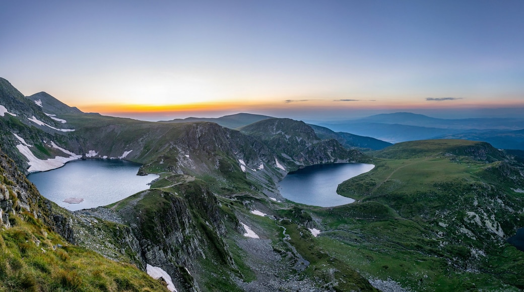 Sunrise aerial view of seven rila lakes in Bulgaria