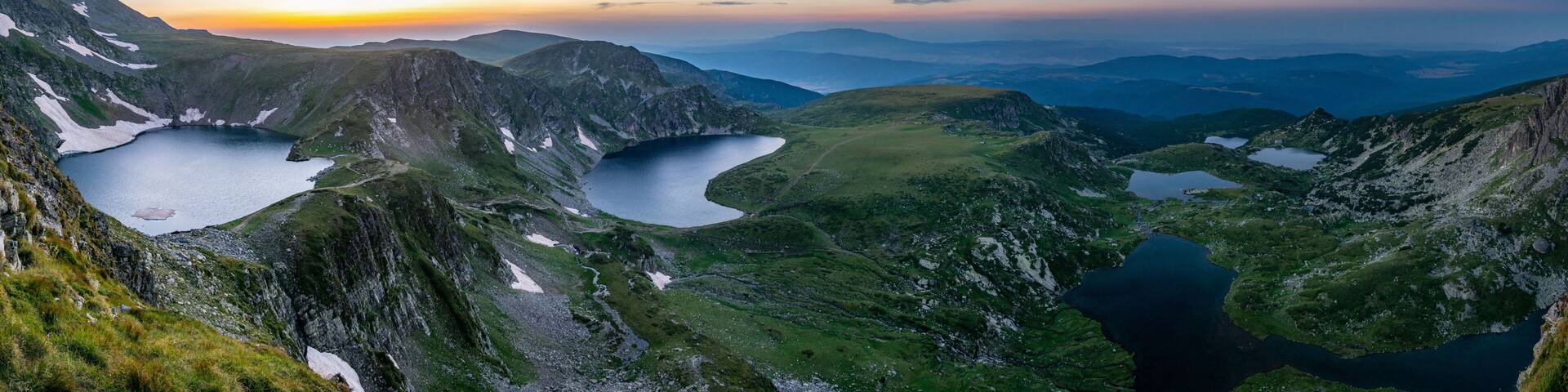 Sunrise aerial view of seven rila lakes in Bulgaria