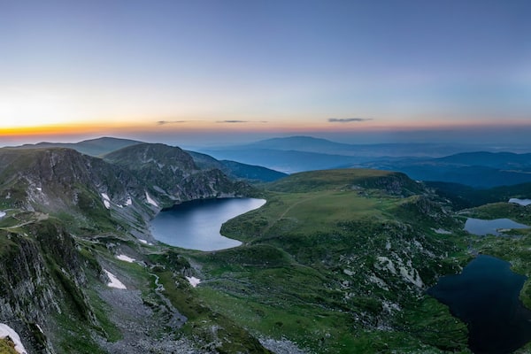 Sunrise aerial view of seven rila lakes in Bulgaria
