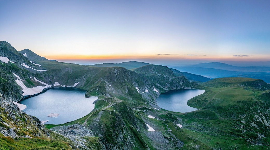 Sunrise aerial view of seven rila lakes in Bulgaria