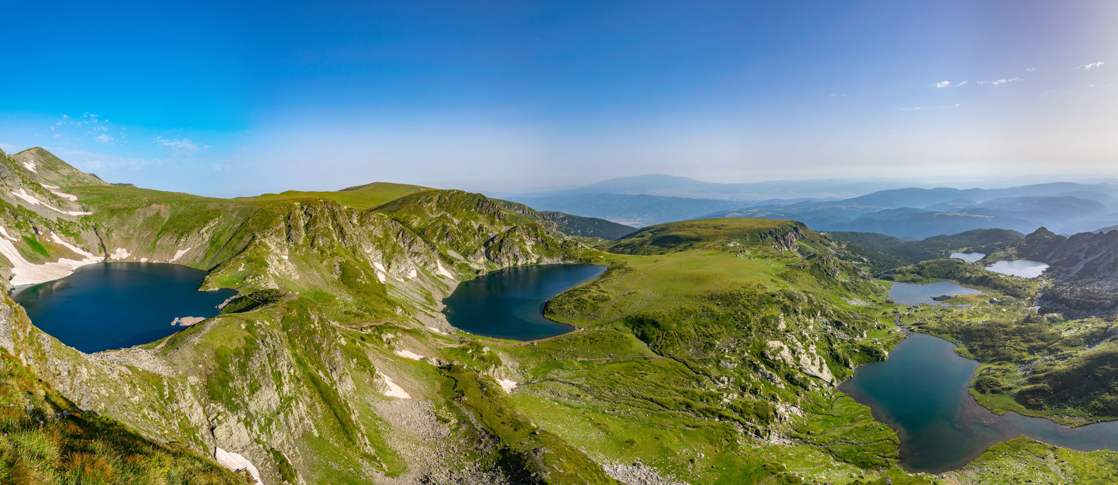 Sunrise aerial view of seven rila lakes in Bulgaria
