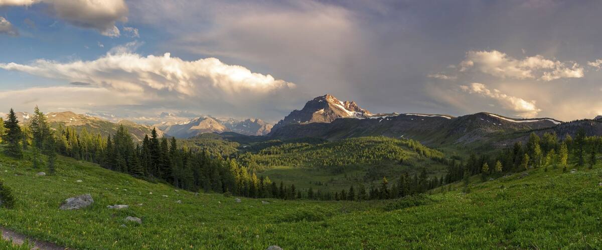 Dramatic Stormy Sky and Wide Panoramic Landscape of Healy Pass Meadows on a great summertime hiking trail in Canadian Rocky Mountains, Banff National Park