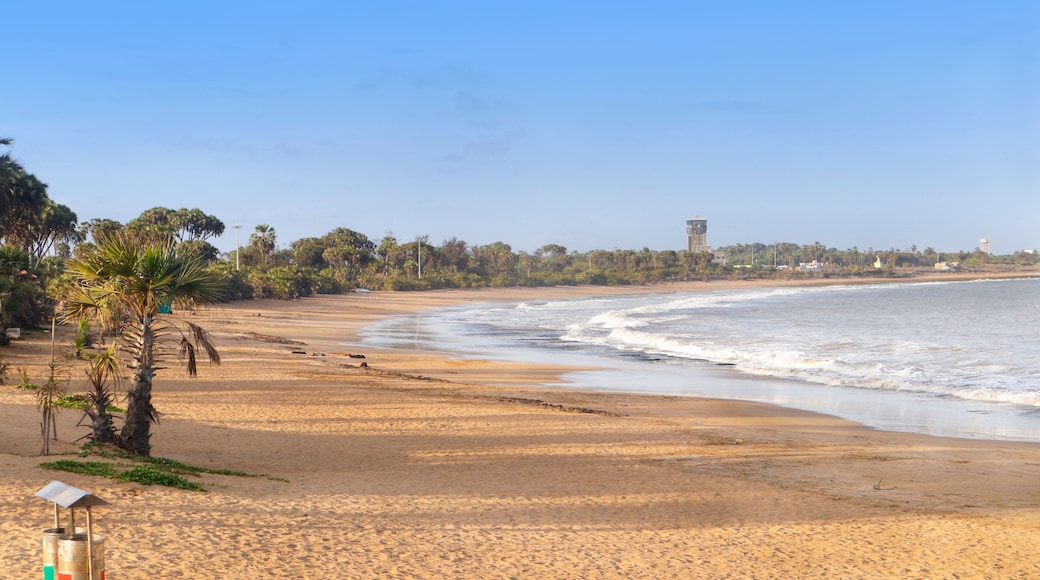 Beautiful empty sandy Nagaon beach with it's blue water in the distance at Diu, Gujarat, India. The brown muddy water and with a sandy beach. view of Arabian. The Indian ocean and iconic font of diu