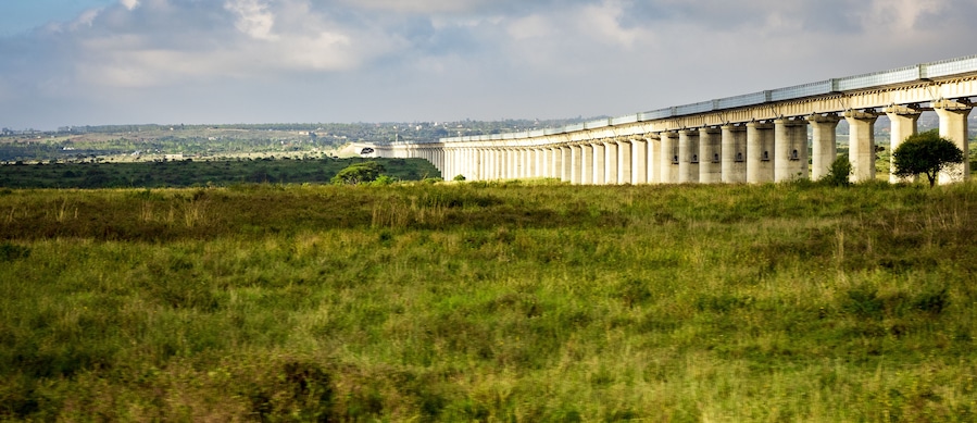 View of the collosal Mombasa-Nairobi Standard Gauge Railway Bridge through the Nairobi National Park Nature Reserve near Nairobi, Kenya